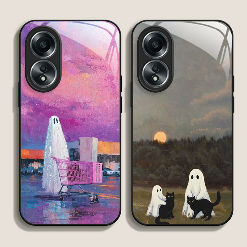 Phone Cases Oppo - Niedliche Cartoon-Schwarzkatzen-Geister-Handyhülle aus gehärtetem Glas für