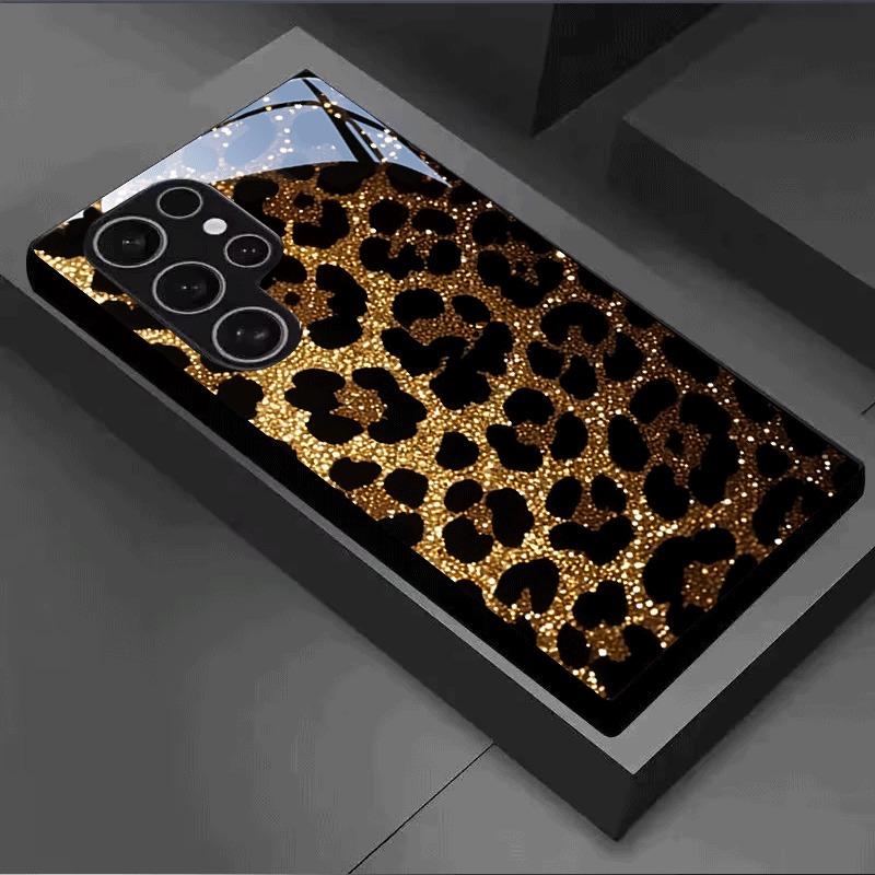 Glitter Shockproof Case - Goldglitzer-Leopardenmuster Gehärtetes Glas Handyhülle für Samsung